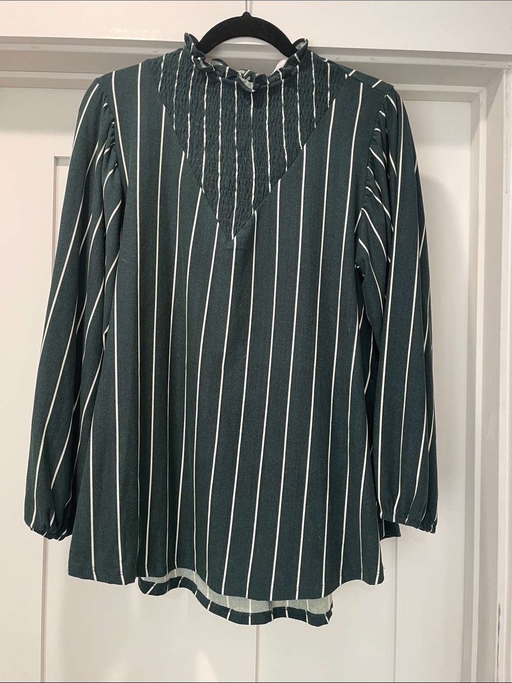 Lularoe Clara- Striped High-Neck Long Sleeve Blouse - Dark Green